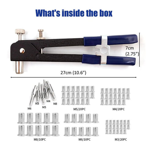 86 Piece Rivet Nut Tool Kit Hand Riveter Set With M3 M4 M5 M6 M8 Threaded Rivet Nuts And Mandrel Heavy Duty Drop Forged Steel Body Anti Slip Handle Pro Grade For Cars Machinery Trailers Furniture And Boats showing components and dimensions