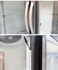Heavy Duty Commercial Freezer Three Glass Doors Rugged Stainless Steel Exterior Rock Solid Workhorse Featuring Nine Shelves Nsf Certified 65 Cubic Feet Frozen Storage Unit door handles and interior fan details.