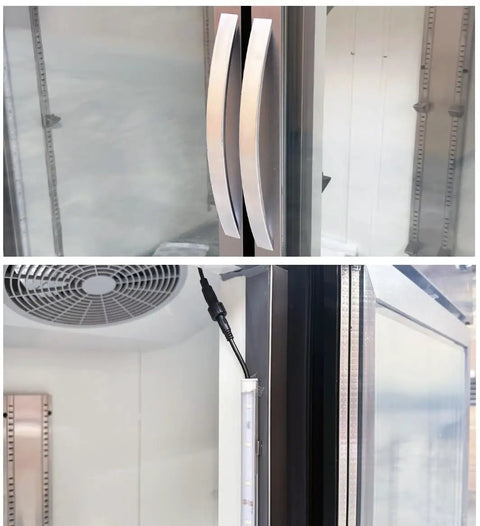 Heavy Duty Commercial Freezer Three Glass Doors Rugged Stainless Steel Exterior Rock Solid Workhorse Featuring Nine Shelves Nsf Certified 65 Cubic Feet Frozen Storage Unit door handles and interior fan details.