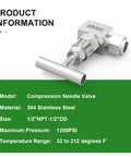 Angled side view: compression needle valve, 304 stainless steel, 1/2 in NPT female x 1/2 in OD tube, high pressure