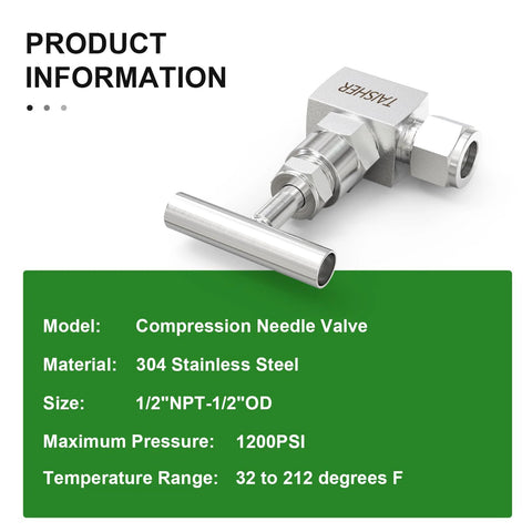 Angled side view: compression needle valve, 304 stainless steel, 1/2 in NPT female x 1/2 in OD tube, high pressure