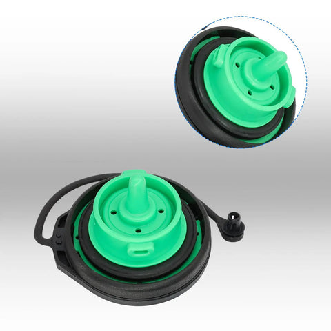 OEM Grade Fuel Cap Replacement For 5C0201550T Drop In Fit For Volkswagen And Audi Cars, green detail and top view.