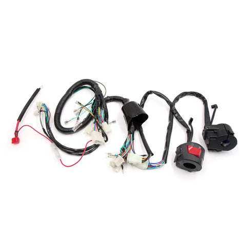 Motorcycle Main Wiring Harness With Right And Left Handlebar Switch Kit For WY125 Durable Plastic Metal Rubber Construction Seven Eighths Inch Handlebar Fit Black And Red No Fuss Install Weatherproof Electrical Cable Assembly