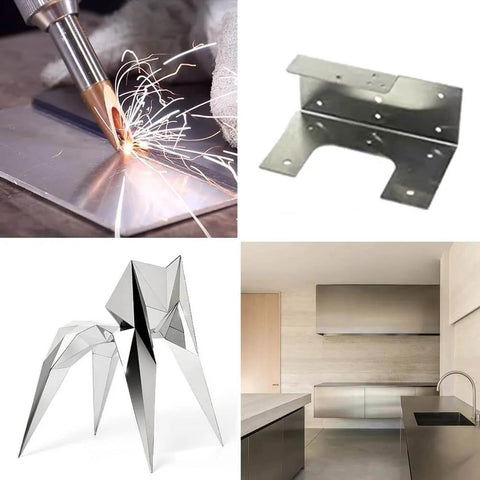 304 Stainless Steel Sheet 28 Gauge 0.02 Inch Thick By 4 Inch Wide 4 Inch Long Brushed Finish Metal Strip Plate For Industry Machinery DIY Projects And Home Decor 2 Pcs shown in various uses including welding, bracket, modern sculpture, and kitchen decor.