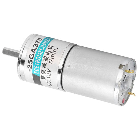 Awesome 12V DC Gear Motor With All Metal Gears And Pure Copper Coils For Smoother Low Speed Operation And Long Durable Life In Your Automated Gearbox Projects, showing metal casing and output shaft.