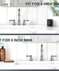 Widespread 8 Inch Bathroom Faucet With 3 Holes Brushed Nickel Finish Two Handles Pop Up Drain High Arc Spout shown in different sink sizes.