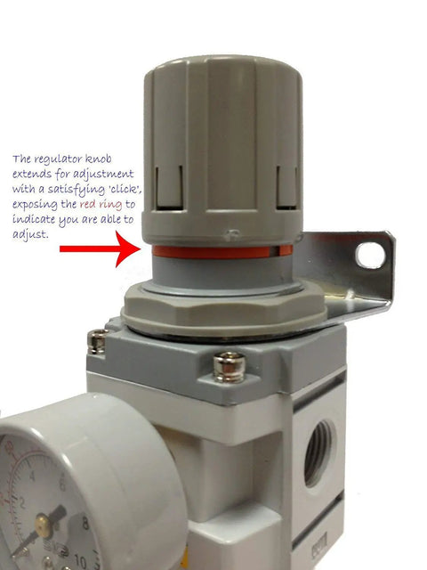 Close-up of Three Stage Air Drying System With Zero Point Three Micron Coalescing Filter showing adjustable regulator knob and gauge.