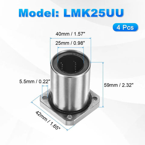LMK25UU Linear Ball Bearings 25mm Bore 40mm OD 50mm Long 5.5mm Hole 4 Pack with dimensions displayed