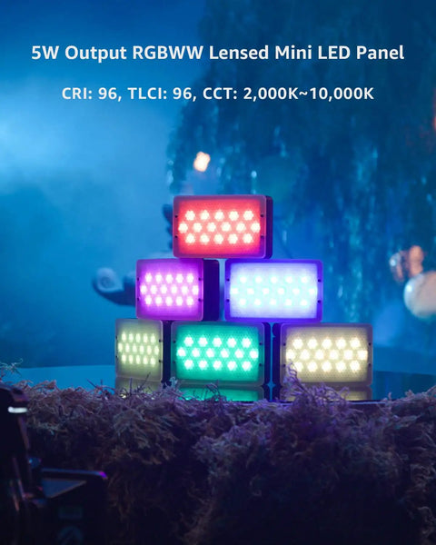 5W RGBWW LED panels stacked with various colors, showcasing Pro Grade RGBWW LED Video Light Panel For Cameras.