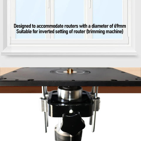 Built Tough Router Table Insert Plate With Heavy Duty Router Lift System For Woodworking Shop Use Premium Aluminum Construction close-up of router and setup suitable for 69mm routers