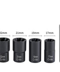 Garage Ready 5 Piece Twist Socket Set With Center Punch Bar For Stubborn Lug Nut Removal Metric 17Mm Through 22Mm showing sockets sizes 17mm to 22mm.