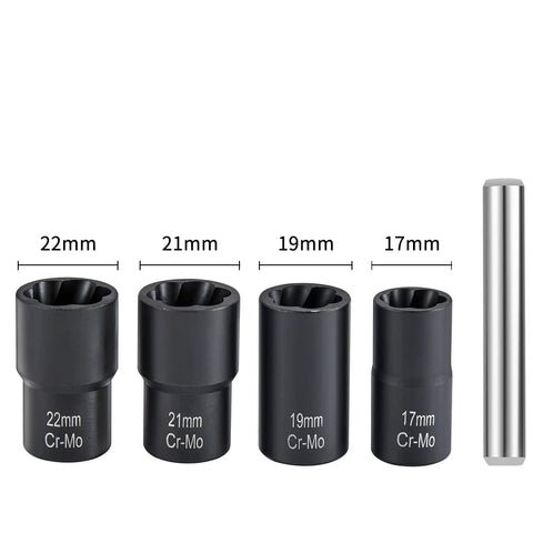 Garage Ready 5 Piece Twist Socket Set With Center Punch Bar For Stubborn Lug Nut Removal Metric 17Mm Through 22Mm showing sockets sizes 17mm to 22mm.