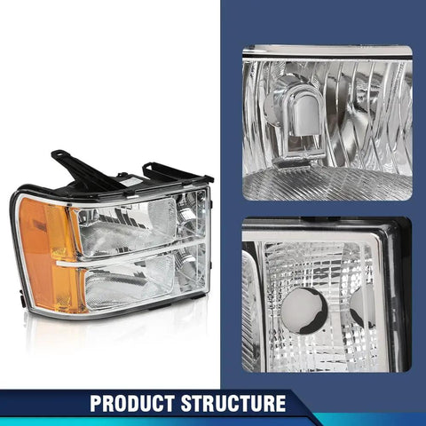 Headlights Assembly For 2007-2013 GMC Sierra 1500 And 2007-2014 GMC Sierra 2500HD 3500HD Halogen Driver Passenger Side, amber reflector