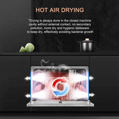 Portable Countertop Dishwasher With Five Automated Wash Cycles And Six Place Settings Featuring One Touch Auto Clean Mode Slick Lcd Interface Fast Track Dry Cycle showcases hot air drying feature.