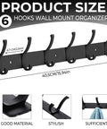 Two Pack Wall Mount Coat Rack Hooks Set For Entryway And Bathroom, No Fuss Double Hanger Rail display with 6 hooks and measurements