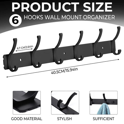 Two Pack Wall Mount Coat Rack Hooks Set For Entryway And Bathroom, No Fuss Double Hanger Rail display with 6 hooks and measurements