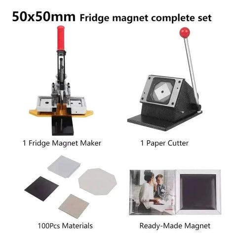 DIY Fridge Magnet Kit With Paper Cutter And 100 Supplies For Custom Magnets And Badges Perfect Starter Set For Home Crafters Gifts And Creative Projects showing tools and materials.