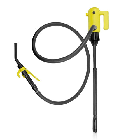 Heavy Duty Replacement Flexible Discharge Hose For Electric Drum Pumps Six Point Six Feet Long with yellow handle and nozzle.