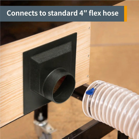 Rock Solid Jointer Dust Hood With Universal Fit For Woodworking Tools Four Inch Outlet Tough Abs Plastic chip chute guard attached to 4 inch flex hose.