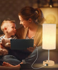 Touch Bedside Table Lamp With USB Port And AC Outlet 3 Way Dimmable Nightstand Lamp With Wood Base And Round Flaxen Fabric Shade