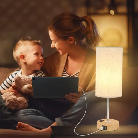 Touch Bedside Table Lamp With USB Port And AC Outlet 3 Way Dimmable Nightstand Lamp With Wood Base And Round Flaxen Fabric Shade