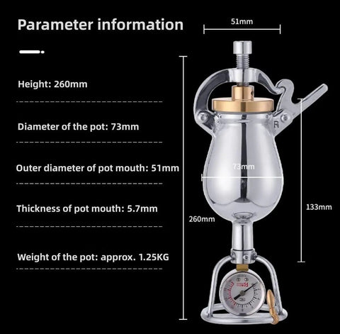 Diagram of Old School Hand Crank Popcorn Cannon With Precision Pressure Gauge And Base, showcasing dimensions and size.