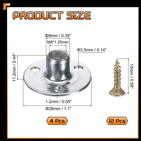 Industrial Strength M8 Tee Nuts 4 Pack With Zinc Plated Steel Three Hole Round Base Flange Inserts dimensions and screw specifications