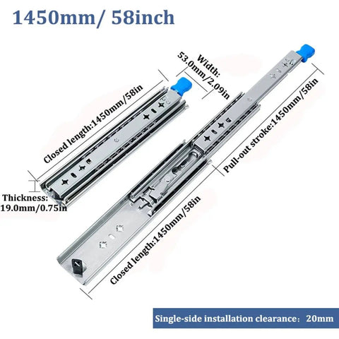 Beefy Heavy Duty Locking Drawer Slides, Full Extension Ball Bearing, Side Mount Industrial Rail for Tool Boxes, 58 inch length