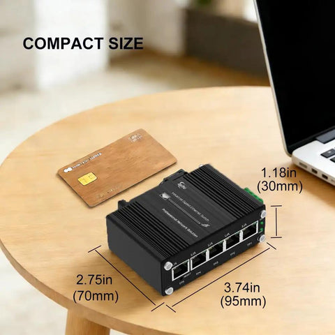 5 Port Gigabit Ethernet Switch With Smart Web Management And QoS VLAN Support 12 48V Wide Voltage Input shown with dimensions