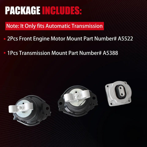 Heavy Duty 3 Piece Engine Motor Transmission Mount Kit For Chrysler 300 Dodge Challenger, including two front mounts and one transmission mount.