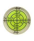 Set Of Six Hella Accurate Round Bubble Spirit Levels With Durable Waterproof Black Finish And Crisp Alignment Grooves For Nailing Every DJ Turntable Tripod Telescope Or Bookshelf Project Today, top view of a circular level with green vial.