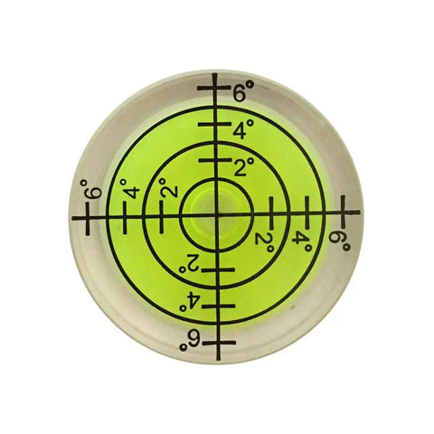 Set Of Six Hella Accurate Round Bubble Spirit Levels With Durable Waterproof Black Finish And Crisp Alignment Grooves For Nailing Every DJ Turntable Tripod Telescope Or Bookshelf Project Today, top view of a circular level with green vial.
