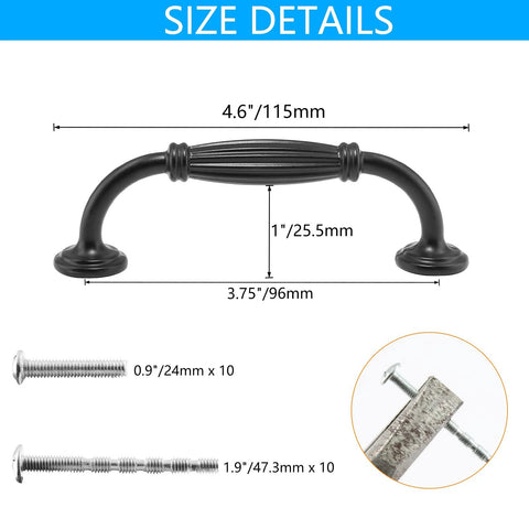 Black Cabinet Handles Set, 3 3/4 Inch Hole Center (96mm), 115mm Overall Length, includes screws size details.