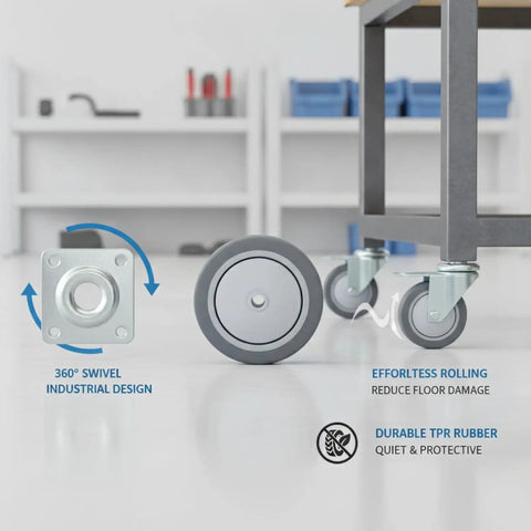 Heavy Duty TPR Plate Caster Wheel for Workspaces and Garages with 360° swivel and nonmarking design on gray rubber, easy install