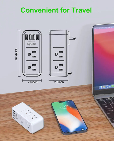 10 In 1 Wall Outlet Extender With USB and Rotating Plug 1700J Surge Protector shown next to a smartphone and laptop