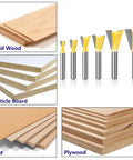 Premier Heavy Duty Dovetail Router Bit Set Six Piece Collection With One Quarter Inch Shank equipped with carbide blades on various wood materials.