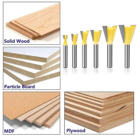 Premier Heavy Duty Dovetail Router Bit Set Six Piece Collection With One Quarter Inch Shank equipped with carbide blades on various wood materials.