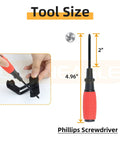 Phillips screwdriver measuring 4.96 inches long with a red handle, shown being used to install a black bracket.