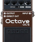 Front view of the Octave Pedal OC-5 for guitar and bass with mono and poly modes, dry direct output, and range settings.
