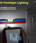 USB Rechargeable Digital Multimeter with Auto Display showing LED flashlight lighting in electrical setup.