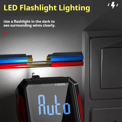 USB Rechargeable Digital Multimeter with Auto Display showing LED flashlight lighting in electrical setup.