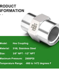 2 Pack Forged 316L Stainless Steel Reducer Coupling One Half Inch NPT Female To Three Eighth Inch NPT Female Pipe Fitting Reducing Adapter