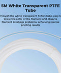5m white transparent PTFE filament tube on blue background, text overlay highlighting benefits of color visibility for 3D printing.