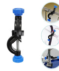Three Pack Black Aluminum Cross Clamps With Dual Screw Boss Head Adjustable Lab Stand Holder with blue knobs for easy grip.