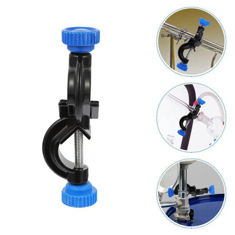 Three Pack Black Aluminum Cross Clamps With Dual Screw Boss Head Adjustable Lab Stand Holder with blue knobs for easy grip.