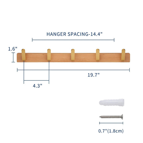 No Fuss Brass Wall Mount Coat Hooks Durable Entryway Hanger Rack with dimensions and mounting hardware displayed.