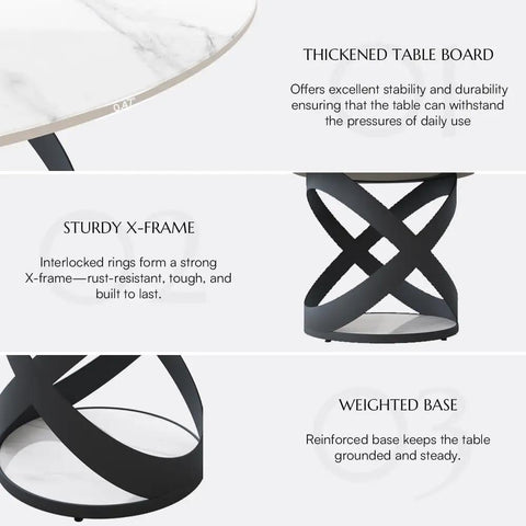 Modern 51 Inch Round Dining Table Slick Glossy White Sintered Stone Top Built Tough Black X Carbon Steel Base Lazy Susan detailed view showing thickened table board and sturdy X-frame.