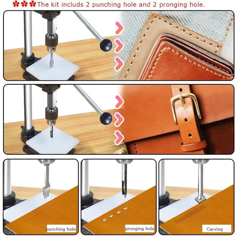 Leather Hole Puncher Hand Press For DIY Crafting Projects Heavy Duty Punch Tool Adjustable Height Ductile Iron Base Black Pro Grade Leatherworking Punching Machine For Precise Holes And Durable Creations shown in use.