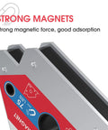Close-up of 75 lb welding magnet set with two magnetic weld holders showcasing strong magnets and multi-angle design for secure welds.