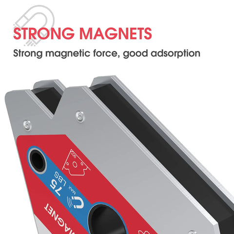 Close-up of 75 lb welding magnet set with two magnetic weld holders showcasing strong magnets and multi-angle design for secure welds.